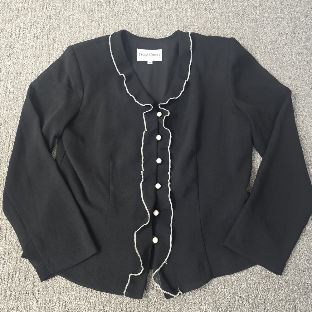 Danny &‎ Nicole Black Ruffle Blouse Top Size 10 Pearl Button Career Chic